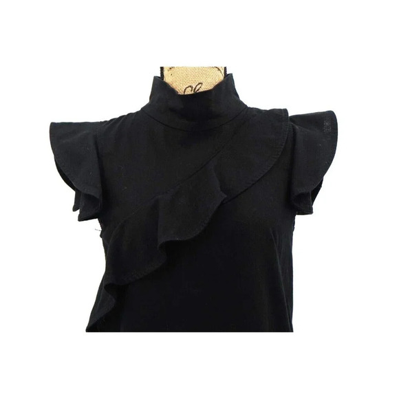 McGuire Sorbonne Dress Women Extra Small XS Black Linen Ruffle Shift Button Back - Picture 6 of 11
